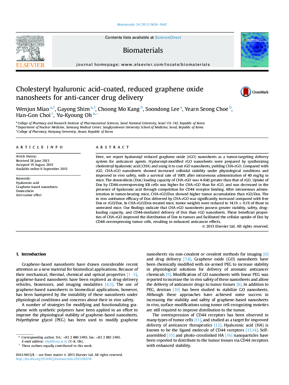 Cholesteryl hyaluronic acid-coated, reduced graphene oxide nanosheets for anti-cancer drug delivery