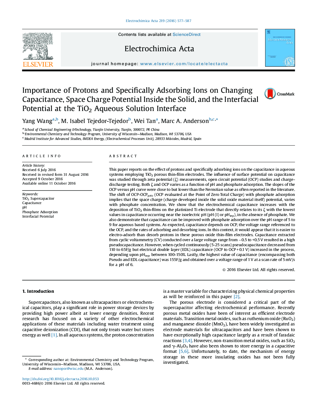 Importance of Protons and Specifically Adsorbing Ions on Changing Capacitance, Space Charge Potential Inside the Solid, and the Interfacial Potential at the TiO2 Aqueous Solution Interface