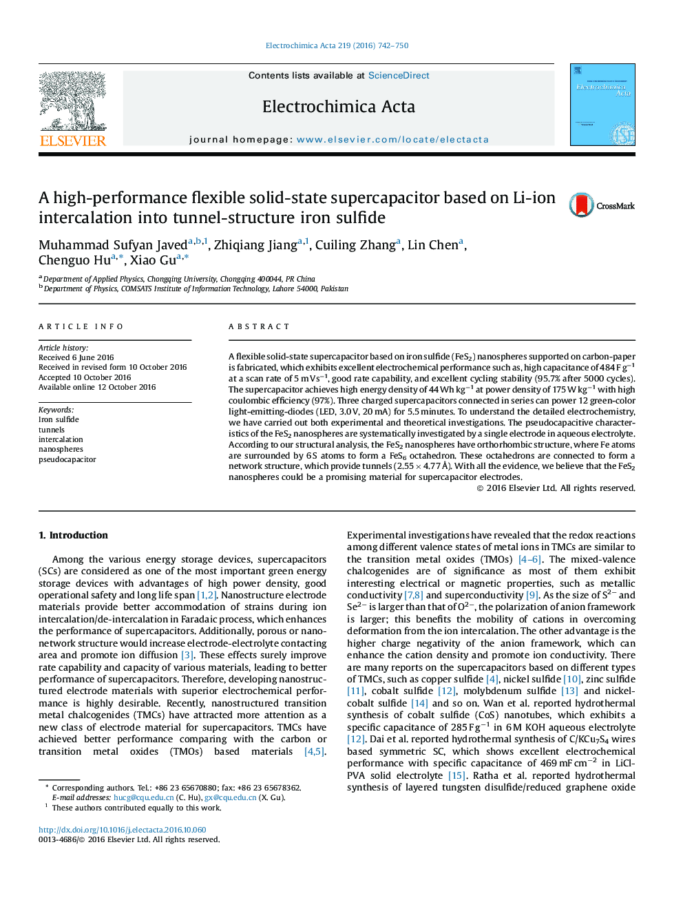 A high-performance flexible solid-state supercapacitor based on Li-ion intercalation into tunnel-structure iron sulfide