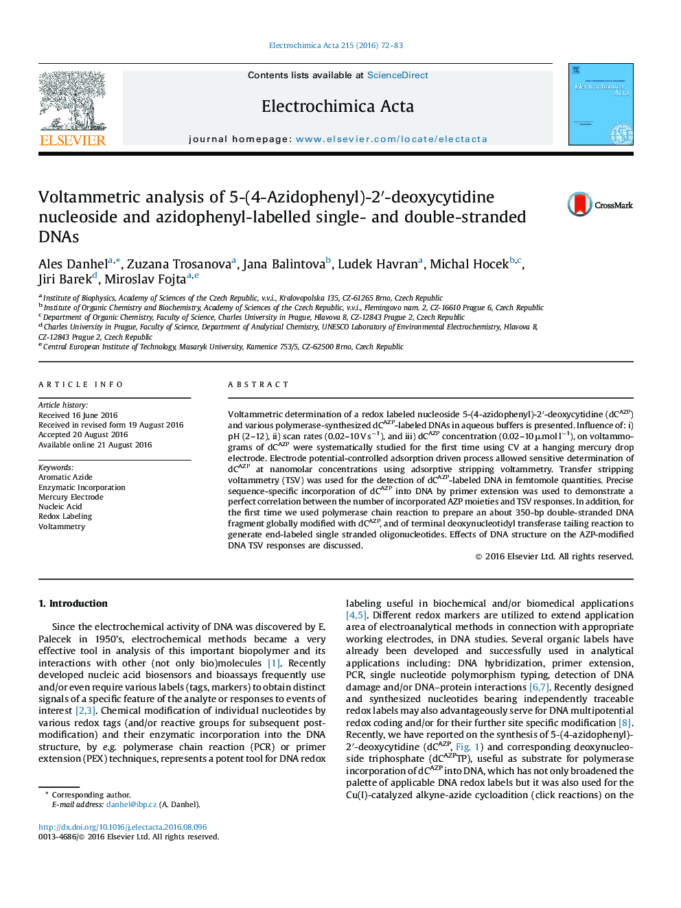Voltammetric analysis of 5-(4-Azidophenyl)-2â²-deoxycytidine nucleoside and azidophenyl-labelled single- and double-stranded DNAs