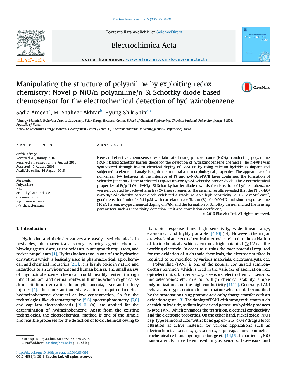 Manipulating the structure of polyaniline by exploiting redox chemistry: Novel p-NiO/n-polyaniline/n-Si Schottky diode based chemosensor for the electrochemical detection of hydrazinobenzene