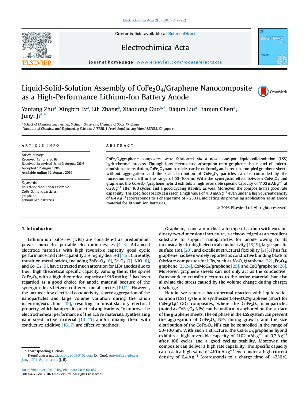 Liquid-Solid-Solution Assembly of CoFe2O4/Graphene Nanocomposite as a High-Performance Lithium-Ion Battery Anode