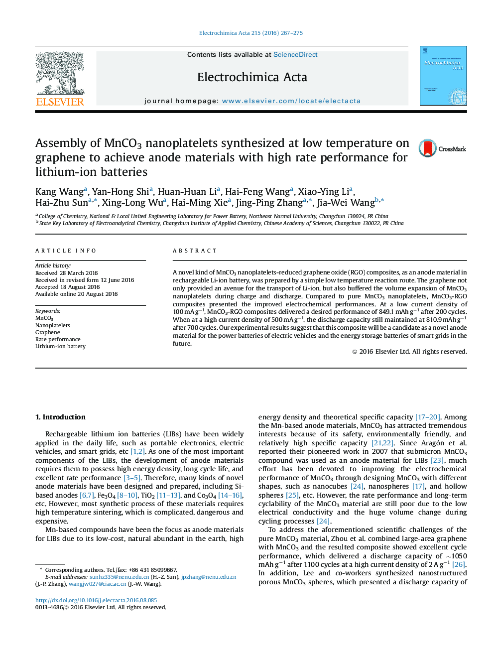 Assembly of MnCO3 nanoplatelets synthesized at low temperature on graphene to achieve anode materials with high rate performance for lithium-ion batteries