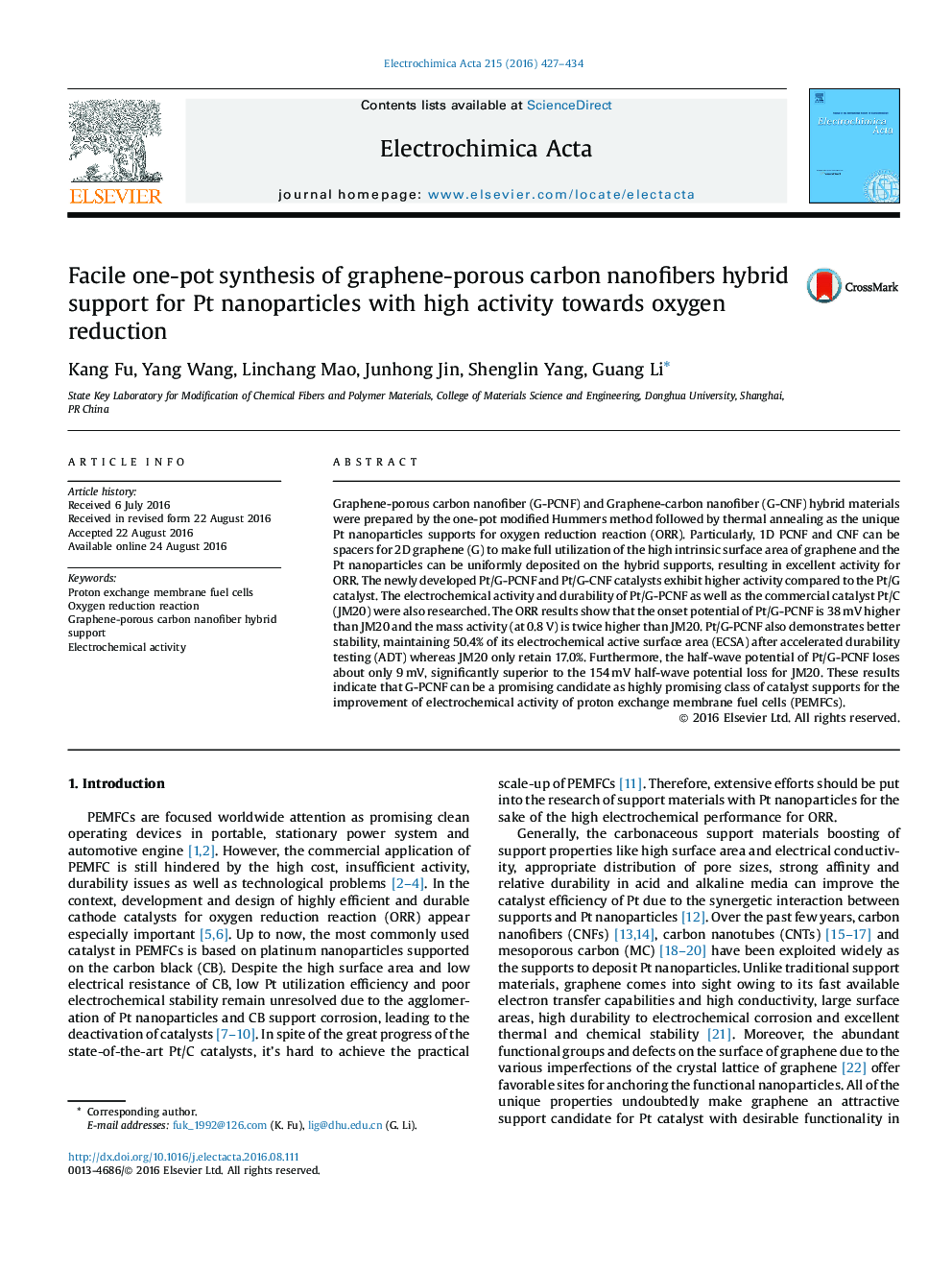 Facile one-pot synthesis of graphene-porous carbon nanofibers hybrid support for Pt nanoparticles with high activity towards oxygen reduction