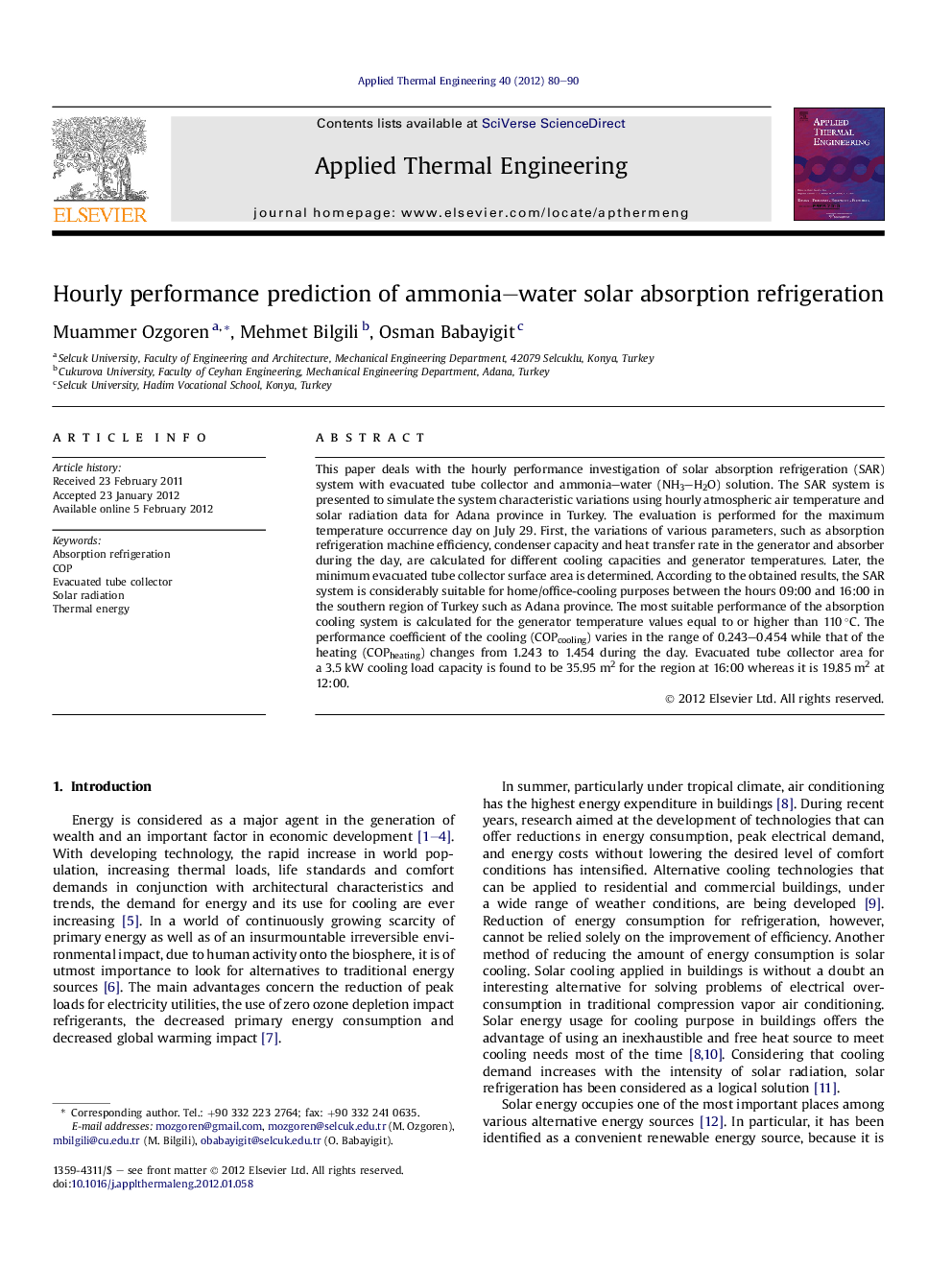 Hourly performance prediction of ammonia-water solar absorption refrigeration