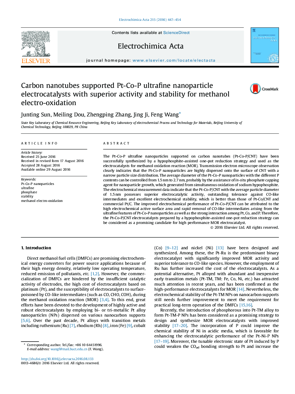 Carbon nanotubes supported Pt-Co-P ultrafine nanoparticle electrocatalysts with superior activity and stability for methanol electro-oxidation