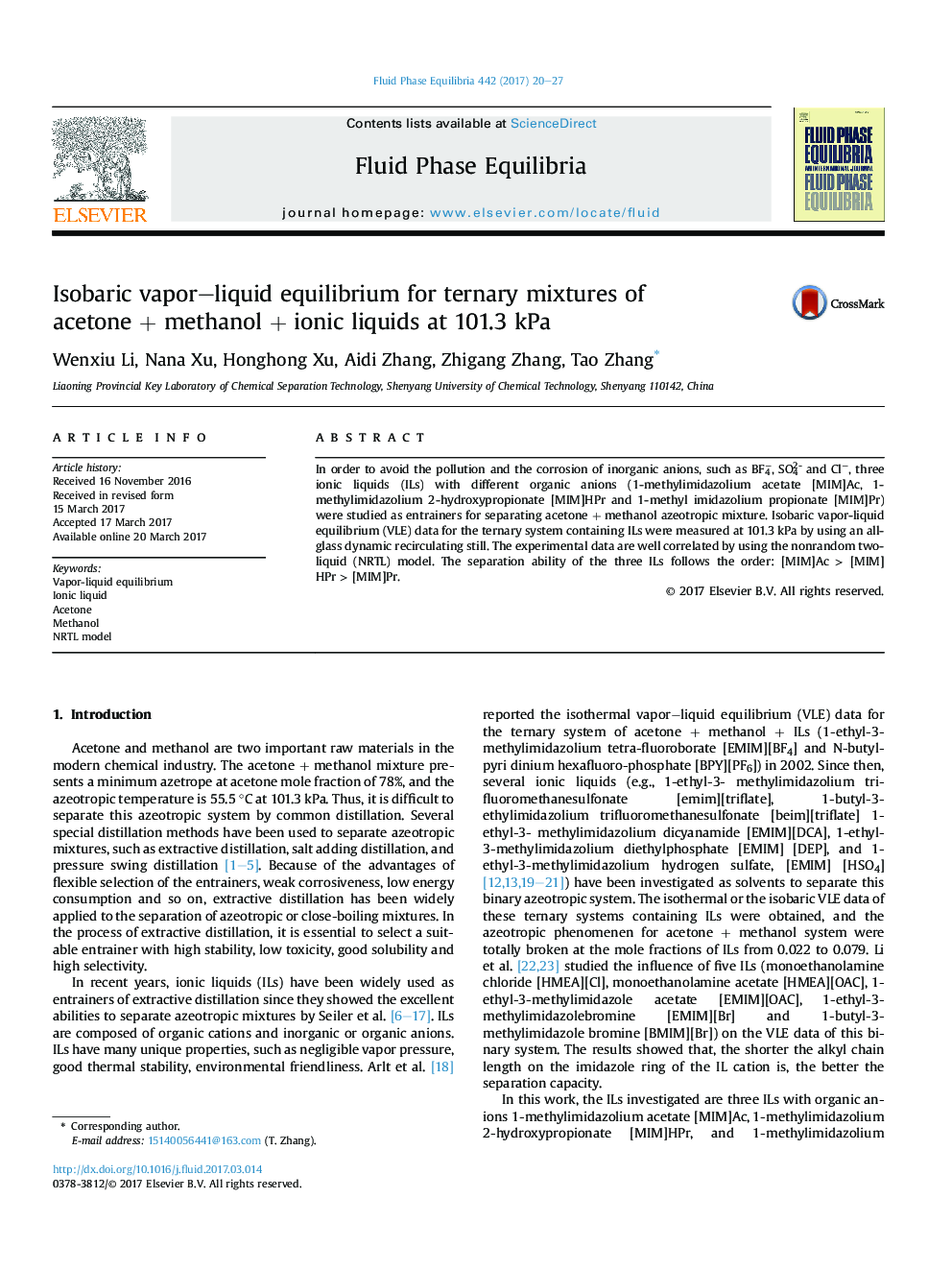 Isobaric vapor–liquid equilibrium for ternary mixtures of acetone + methanol + ionic liquids at 101.3 kPa