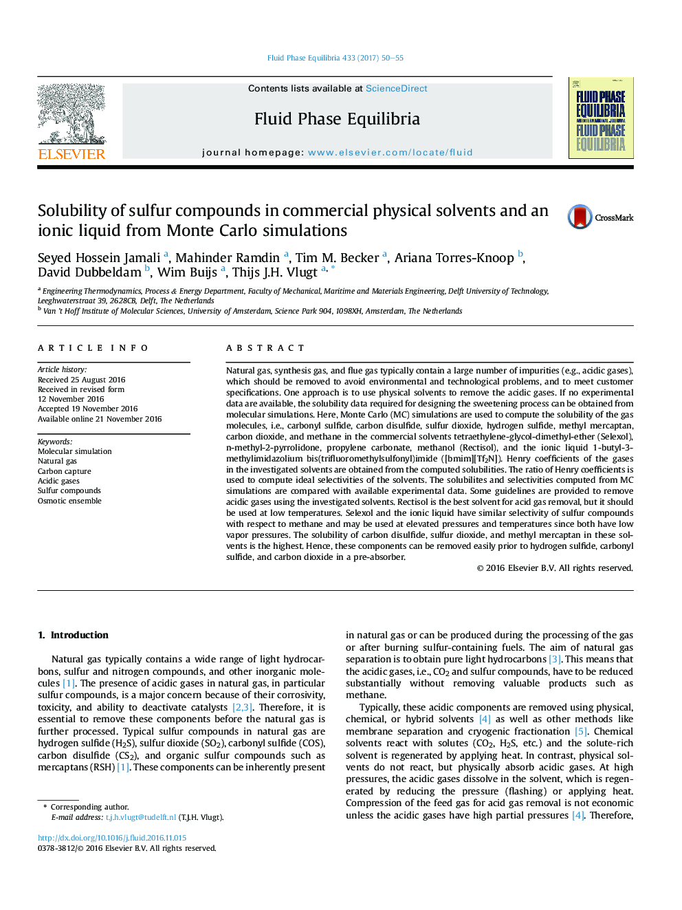 حلالیت ترکیبات گوگردی در حلال‌های فیزیکی تجاری و مایع یونی از شبیه‌سازی‌های مونته کارلو