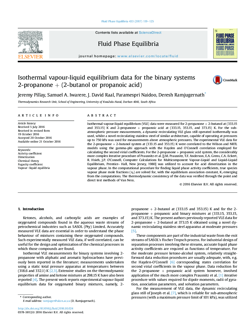 Isothermal vapour-liquid equilibrium data for the binary systems 2-propanone + (2-butanol or propanoic acid)