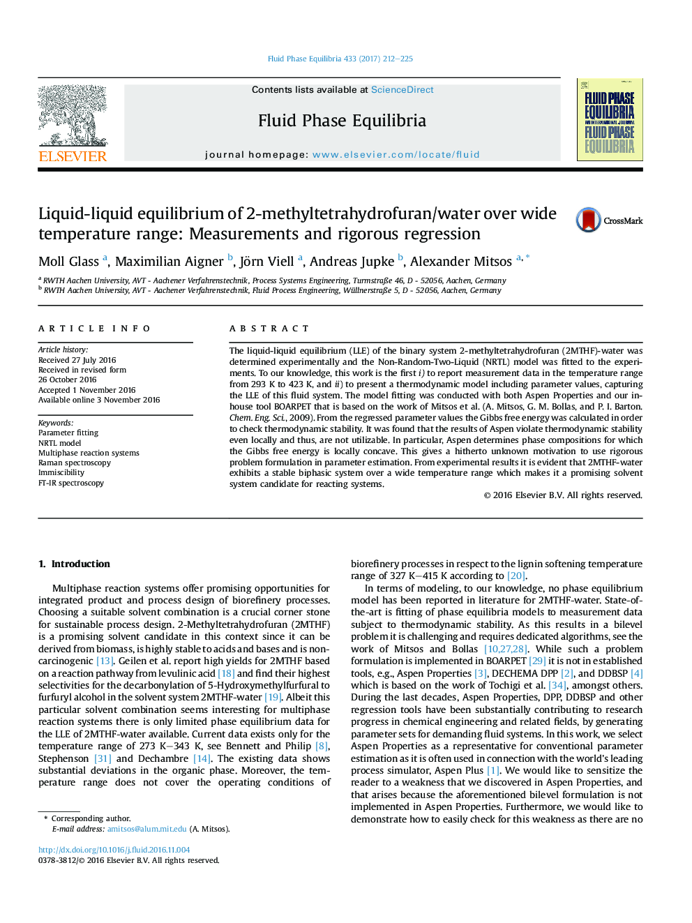 Liquid-liquid equilibrium of 2-methyltetrahydrofuran/water over wide temperature range: Measurements and rigorous regression