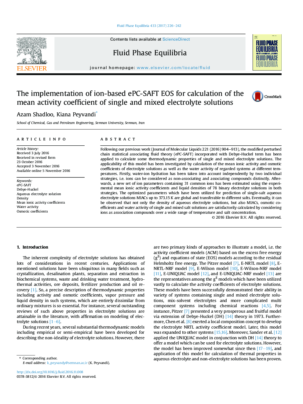 The implementation of ion-based ePC-SAFT EOS for calculation of the mean activity coefficient of single and mixed electrolyte solutions