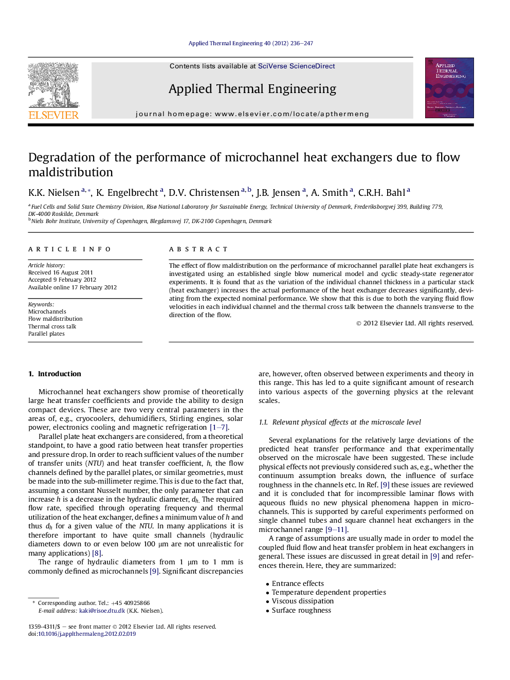عکس صفحه اول مقاله: Degradation of the performance of microchannel heat exchangers due to flow maldistribution Degradation of the performance of microchannel heat exchangers due to flow maldistribution