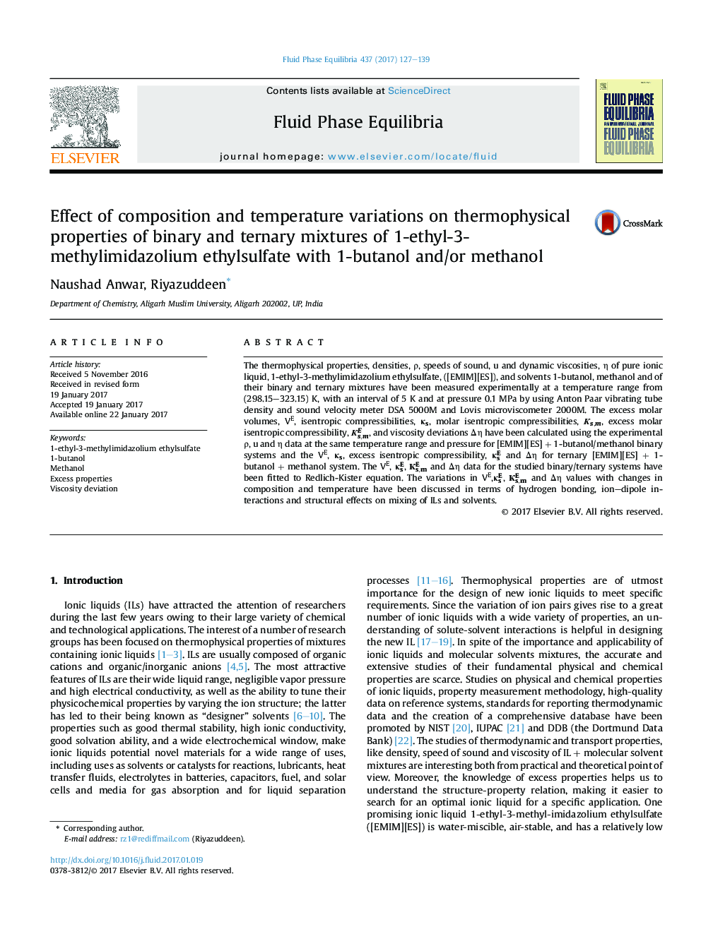 Effect of composition and temperature variations on thermophysical properties of binary and ternary mixtures of 1-ethyl-3-methylimidazolium ethylsulfate with 1-butanol and/or methanol