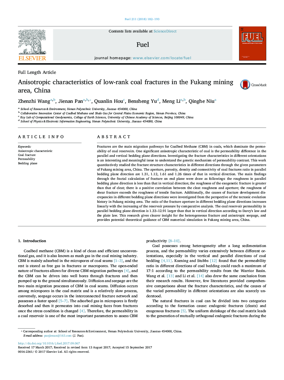 Anisotropic characteristics of low-rank coal fractures in the Fukang mining area, China