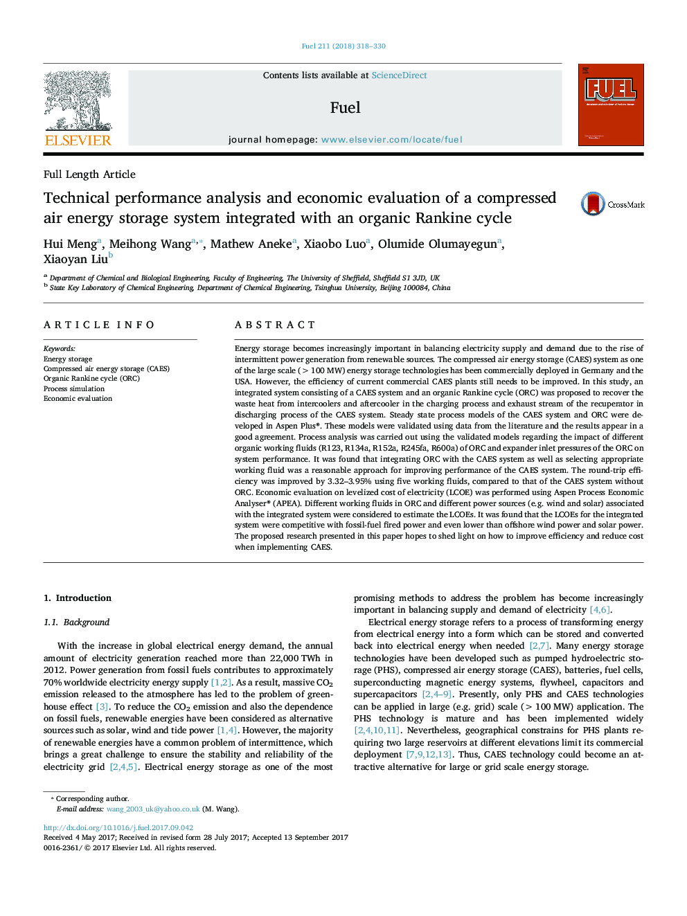 Technical performance analysis and economic evaluation of a compressed air energy storage system integrated with an organic Rankine cycle