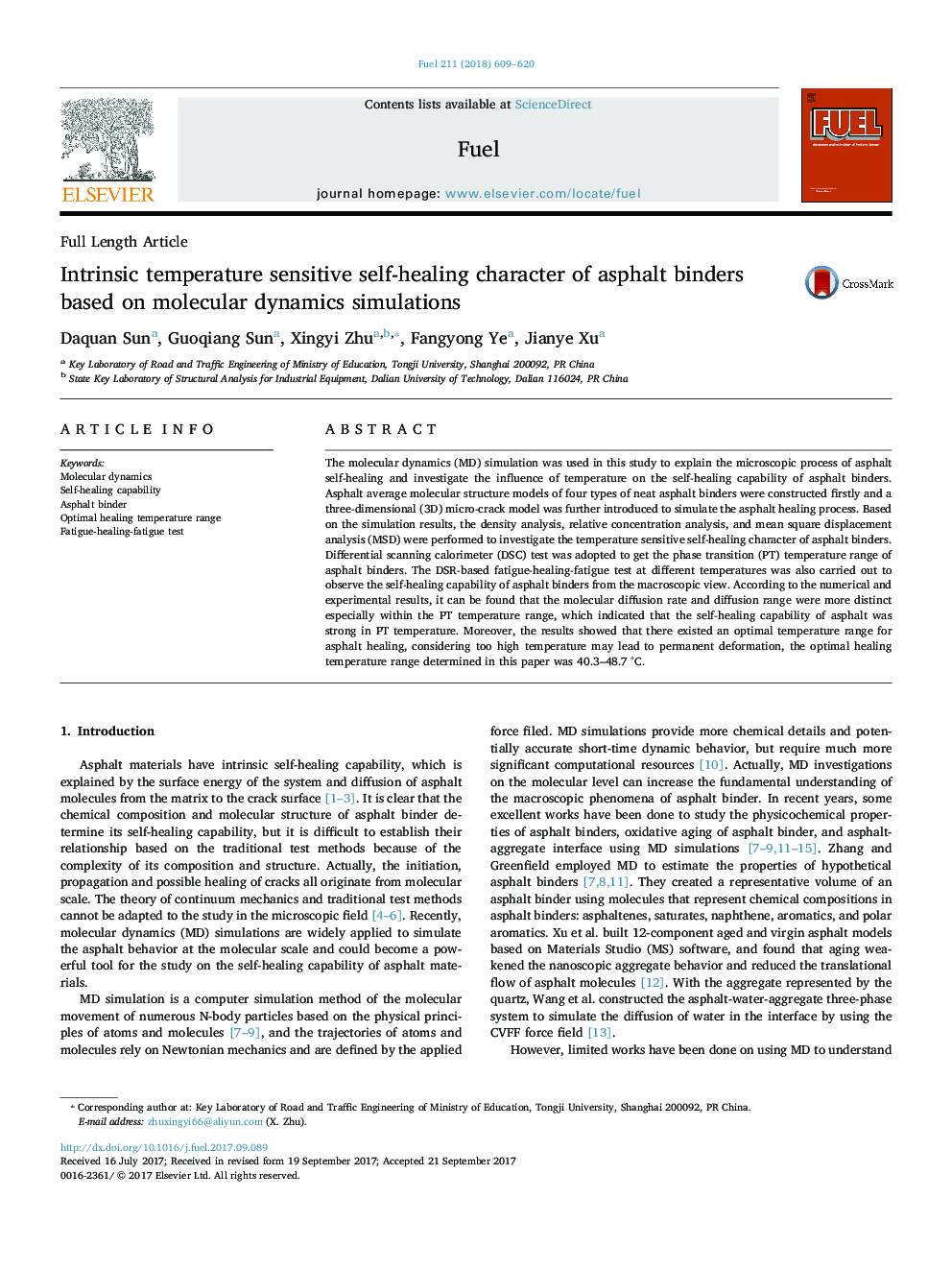 Intrinsic temperature sensitive self-healing character of asphalt binders based on molecular dynamics simulations