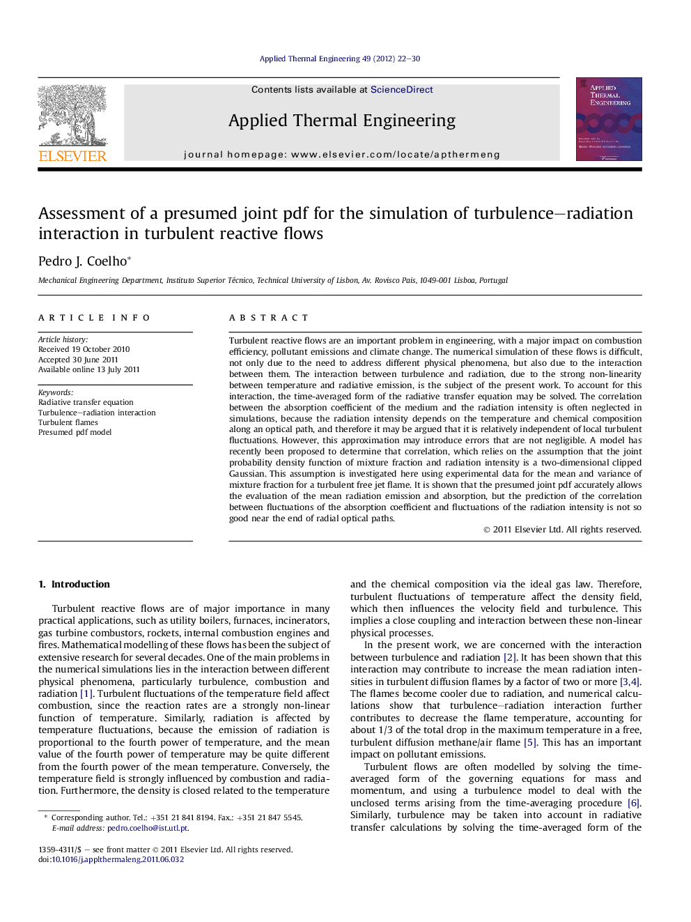 Assessment of a presumed joint pdf for the simulation of turbulence–radiation interaction in turbulent reactive flows