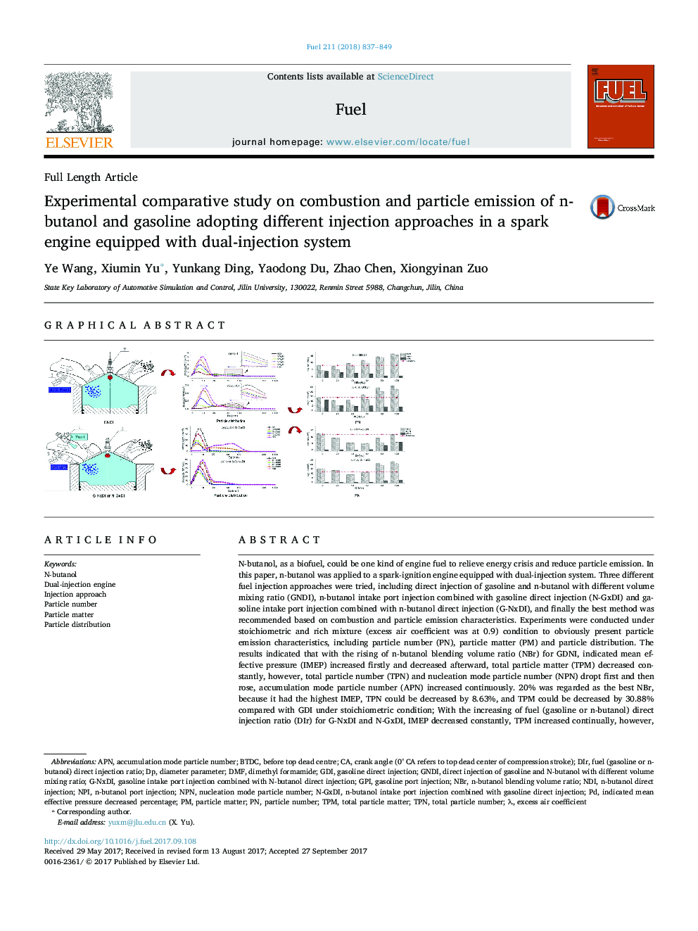 Experimental comparative study on combustion and particle emission of n-butanol and gasoline adopting different injection approaches in a spark engine equipped with dual-injection system