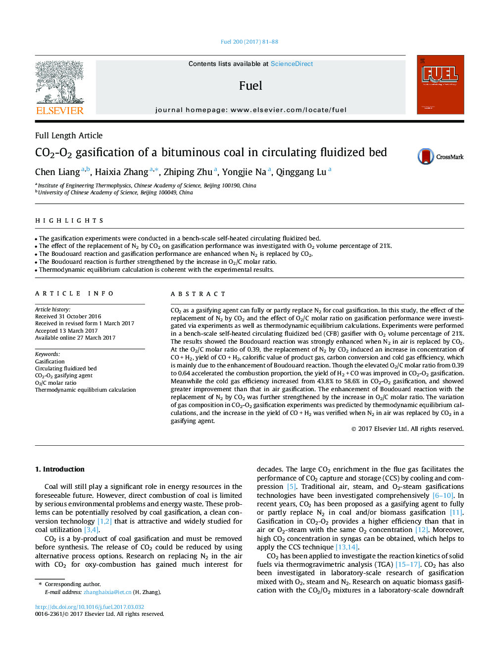 CO2-O2 gasification of a bituminous coal in circulating fluidized bed