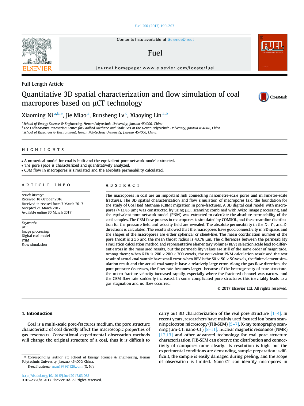 Quantitative 3D spatial characterization and flow simulation of coal macropores based on Î¼CT technology