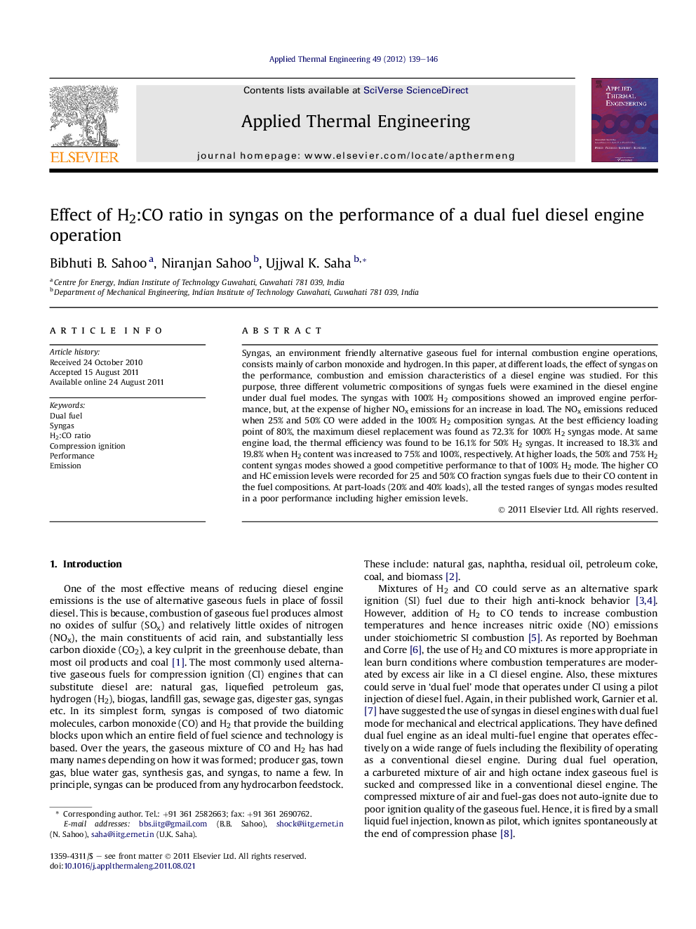 Effect of H2:CO ratio in syngas on the performance of a dual fuel diesel engine operation