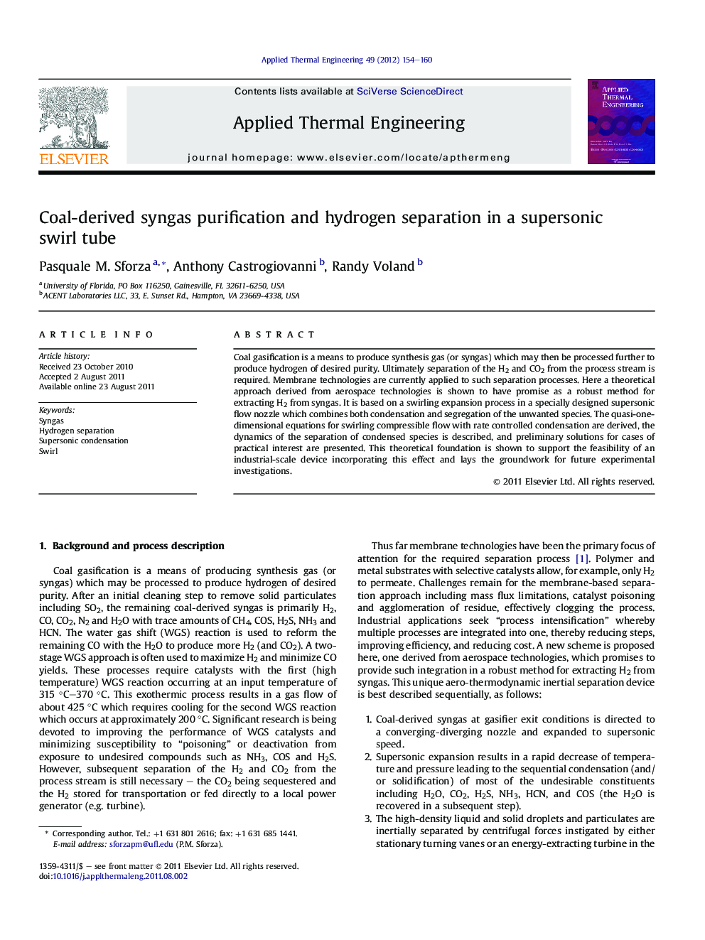 Coal-derived syngas purification and hydrogen separation in a supersonic swirl tube