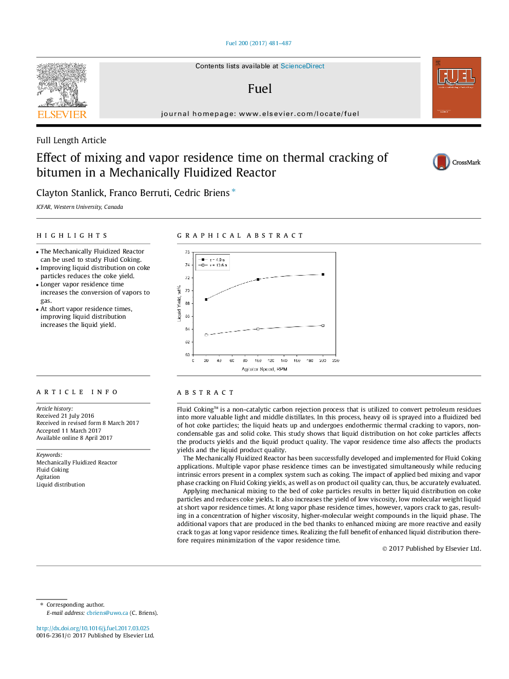 Effect of mixing and vapor residence time on thermal cracking of bitumen in a Mechanically Fluidized Reactor