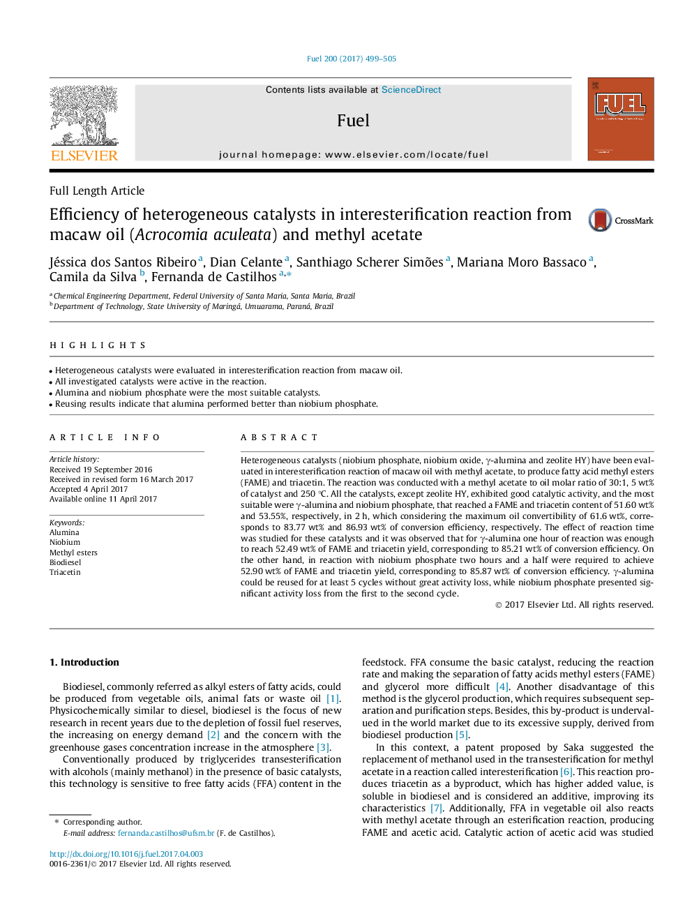 Efficiency of heterogeneous catalysts in interesterification reaction from macaw oil (Acrocomia aculeata) and methyl acetate