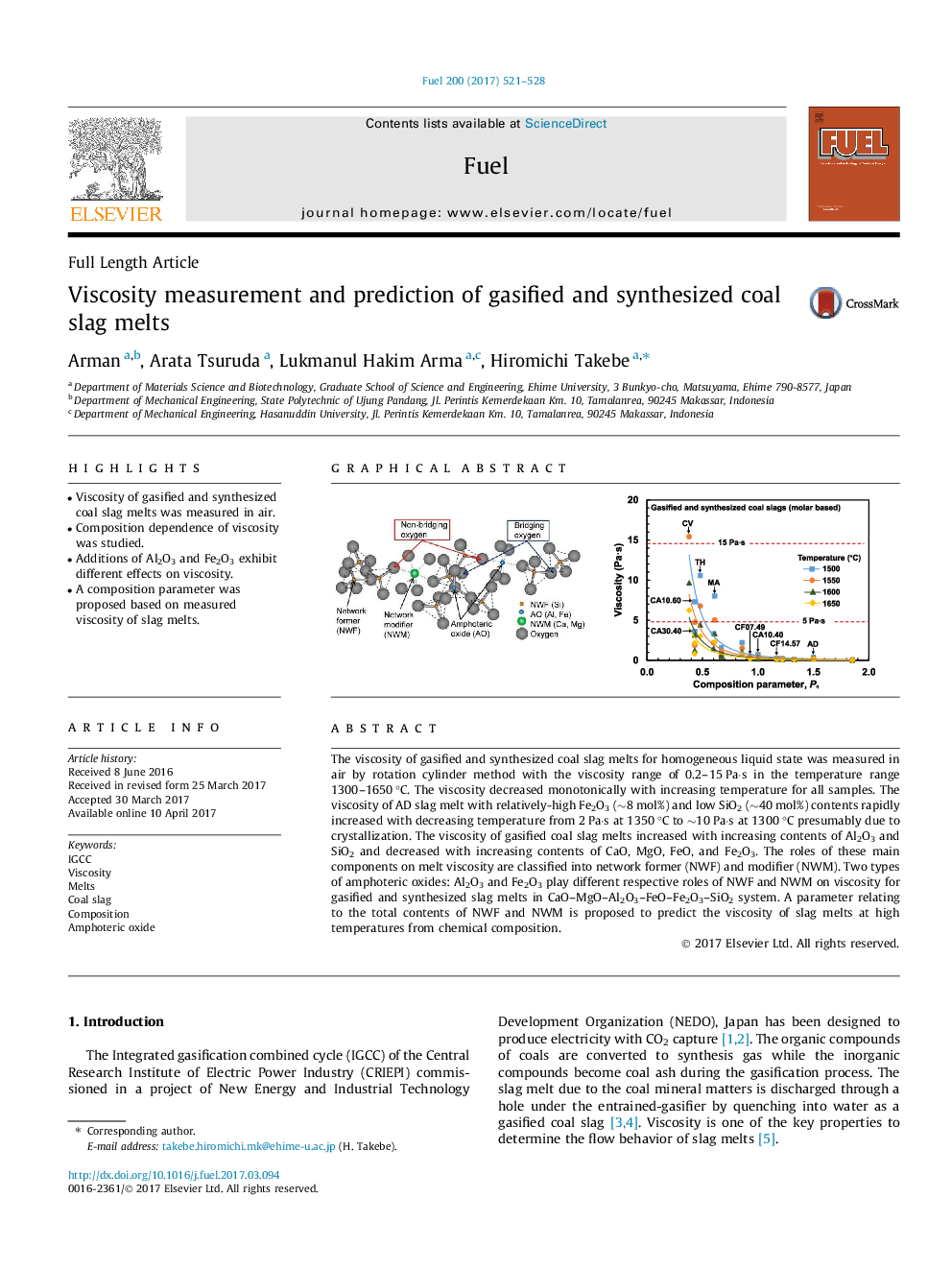 Viscosity measurement and prediction of gasified and synthesized coal slag melts