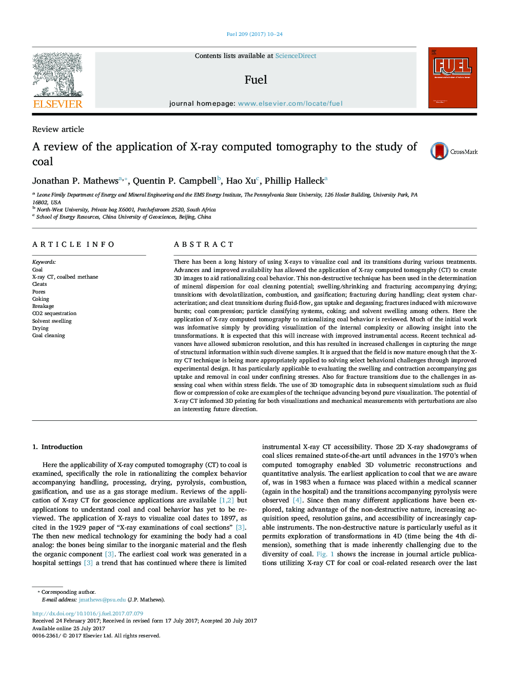 A review of the application of X-ray computed tomography to the study of coal