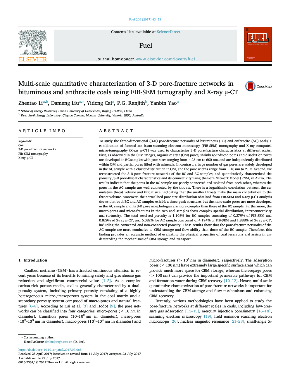 Multi-scale quantitative characterization of 3-D pore-fracture networks in bituminous and anthracite coals using FIB-SEM tomography and X-ray Î¼-CT