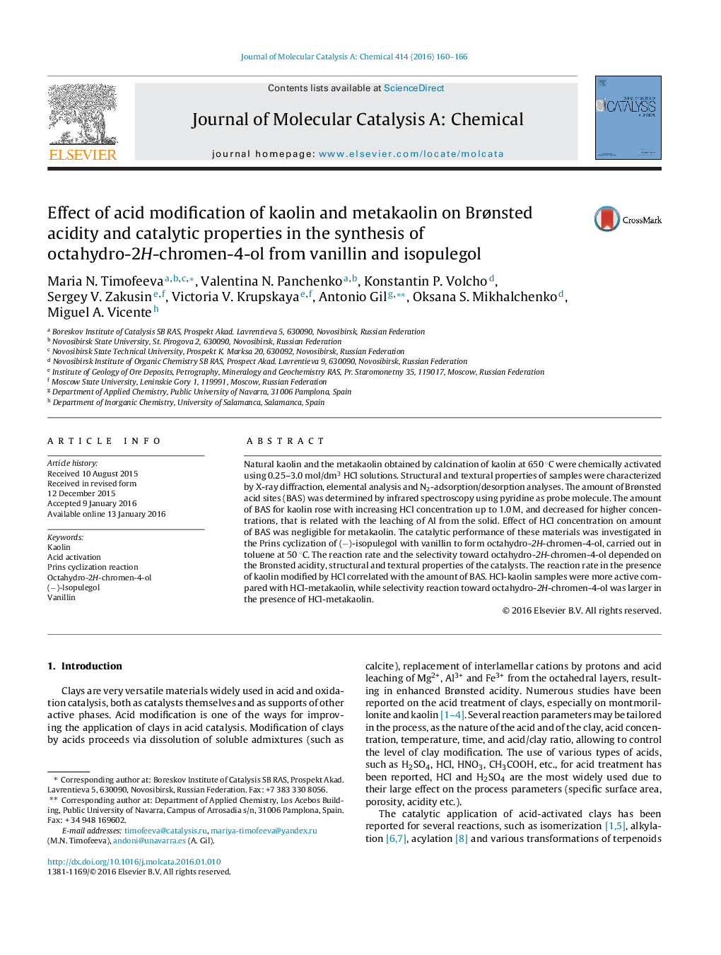 Effect of acid modification of kaolin and metakaolin on Brønsted acidity and catalytic properties in the synthesis of octahydro-2H-chromen-4-ol from vanillin and isopulegol