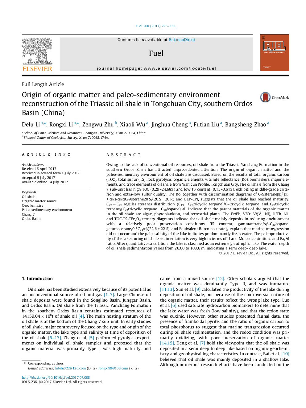 Origin of organic matter and paleo-sedimentary environment reconstruction of the Triassic oil shale in Tongchuan City, southern Ordos Basin (China)