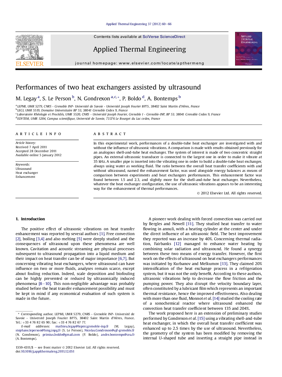 Performances of two heat exchangers assisted by ultrasound