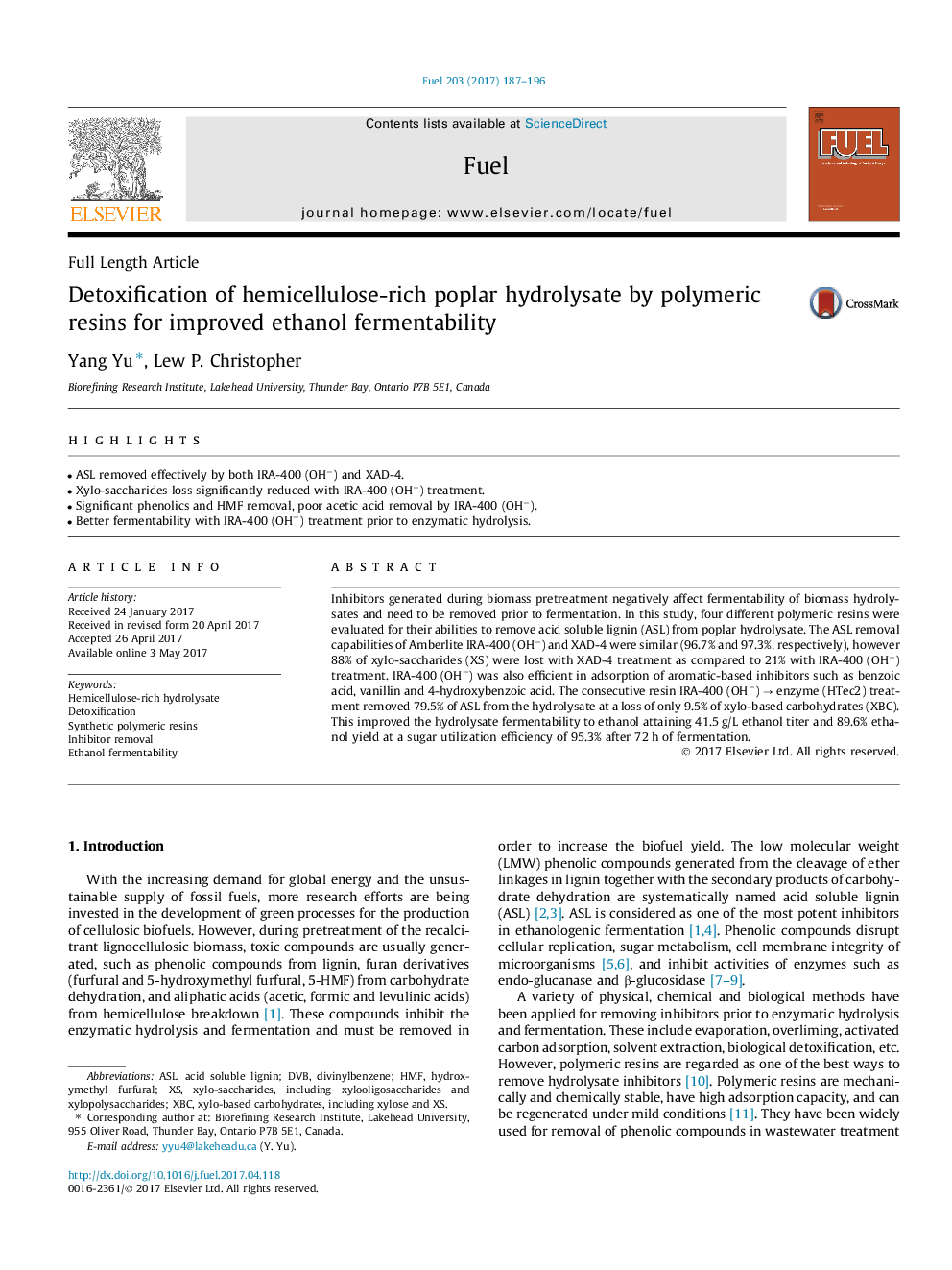 Detoxification of hemicellulose-rich poplar hydrolysate by polymeric resins for improved ethanol fermentability