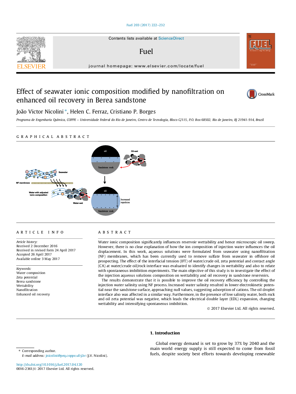 Effect of seawater ionic composition modified by nanofiltration on enhanced oil recovery in Berea sandstone