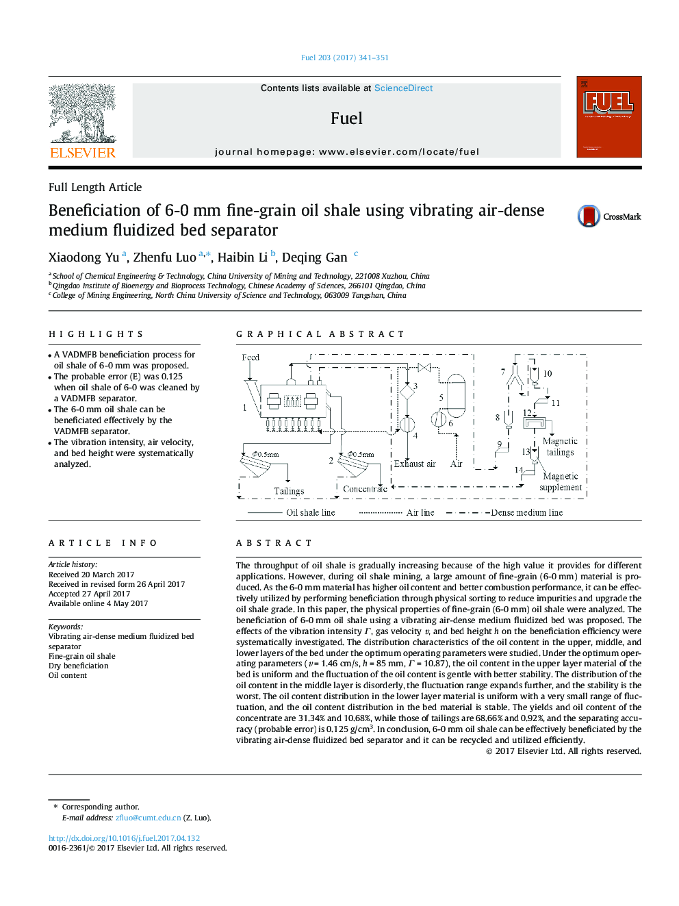 Beneficiation of 6-0 mm fine-grain oil shale using vibrating air-dense medium fluidized bed separator