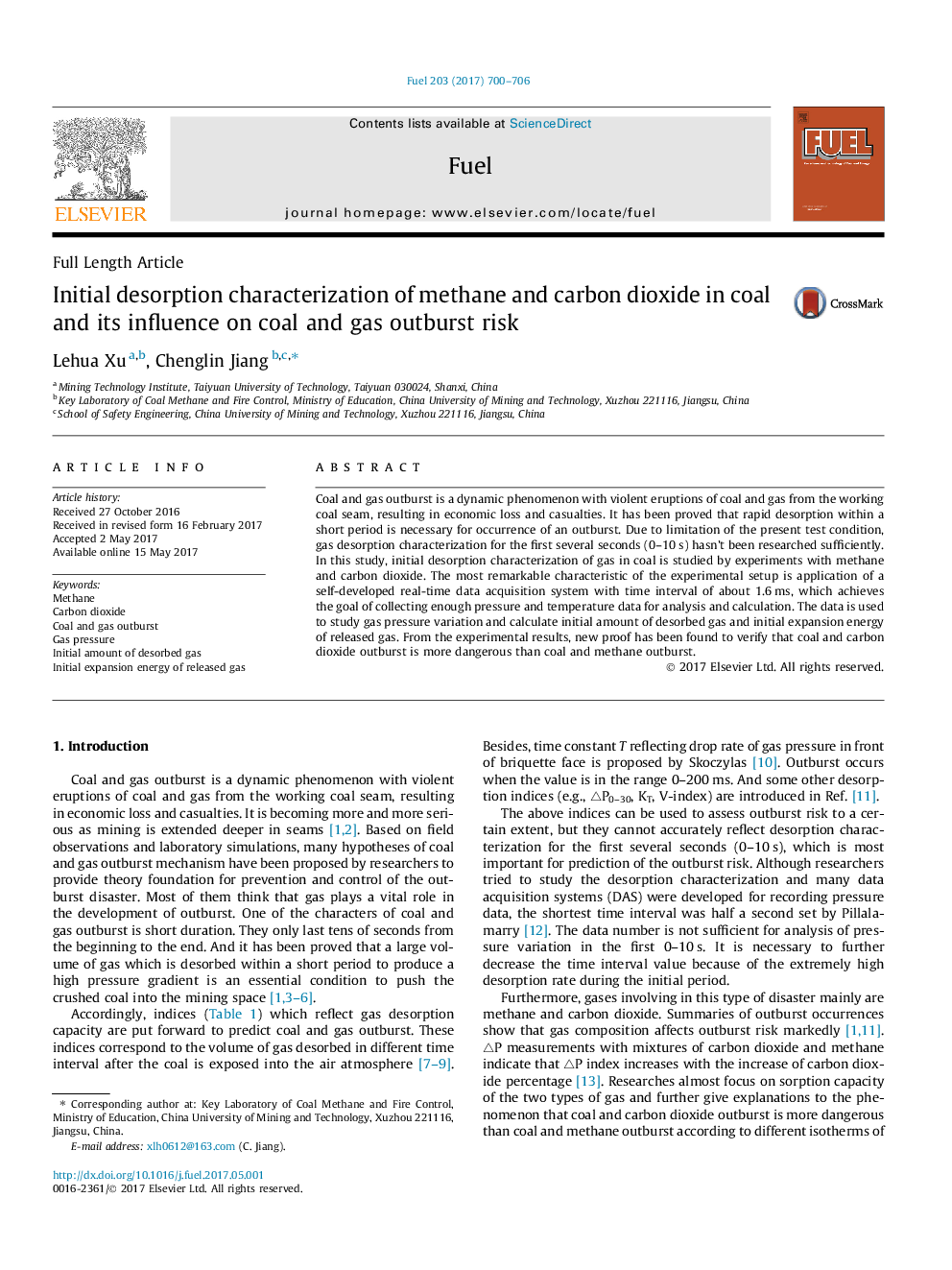 Initial desorption characterization of methane and carbon dioxide in coal and its influence on coal and gas outburst risk