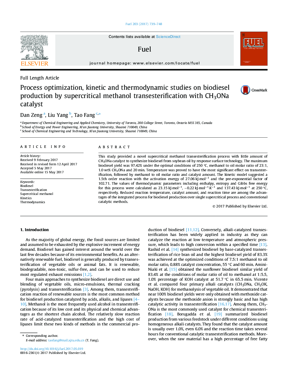 Process optimization, kinetic and thermodynamic studies on biodiesel production by supercritical methanol transesterification with CH3ONa catalyst