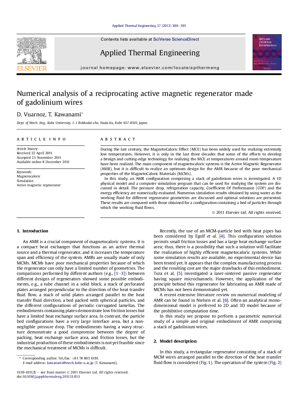 Numerical analysis of a reciprocating active magnetic regenerator made of gadolinium wires