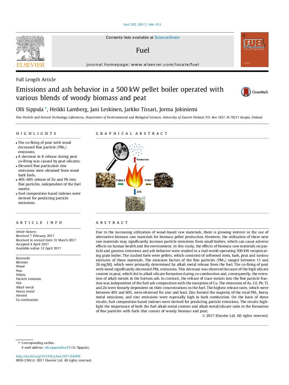 Emissions and ash behavior in a 500 kW pellet boiler operated with various blends of woody biomass and peat