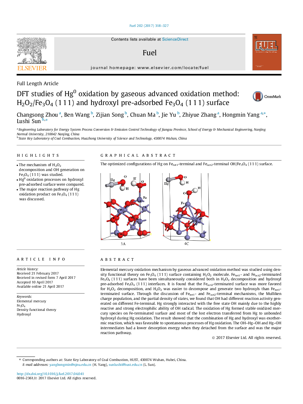 DFT studies of Hg0 oxidation by gaseous advanced oxidation method: H2O2/Fe3O4 (1Â 1Â 1) and hydroxyl pre-adsorbed Fe3O4 (1Â 1Â 1) surface