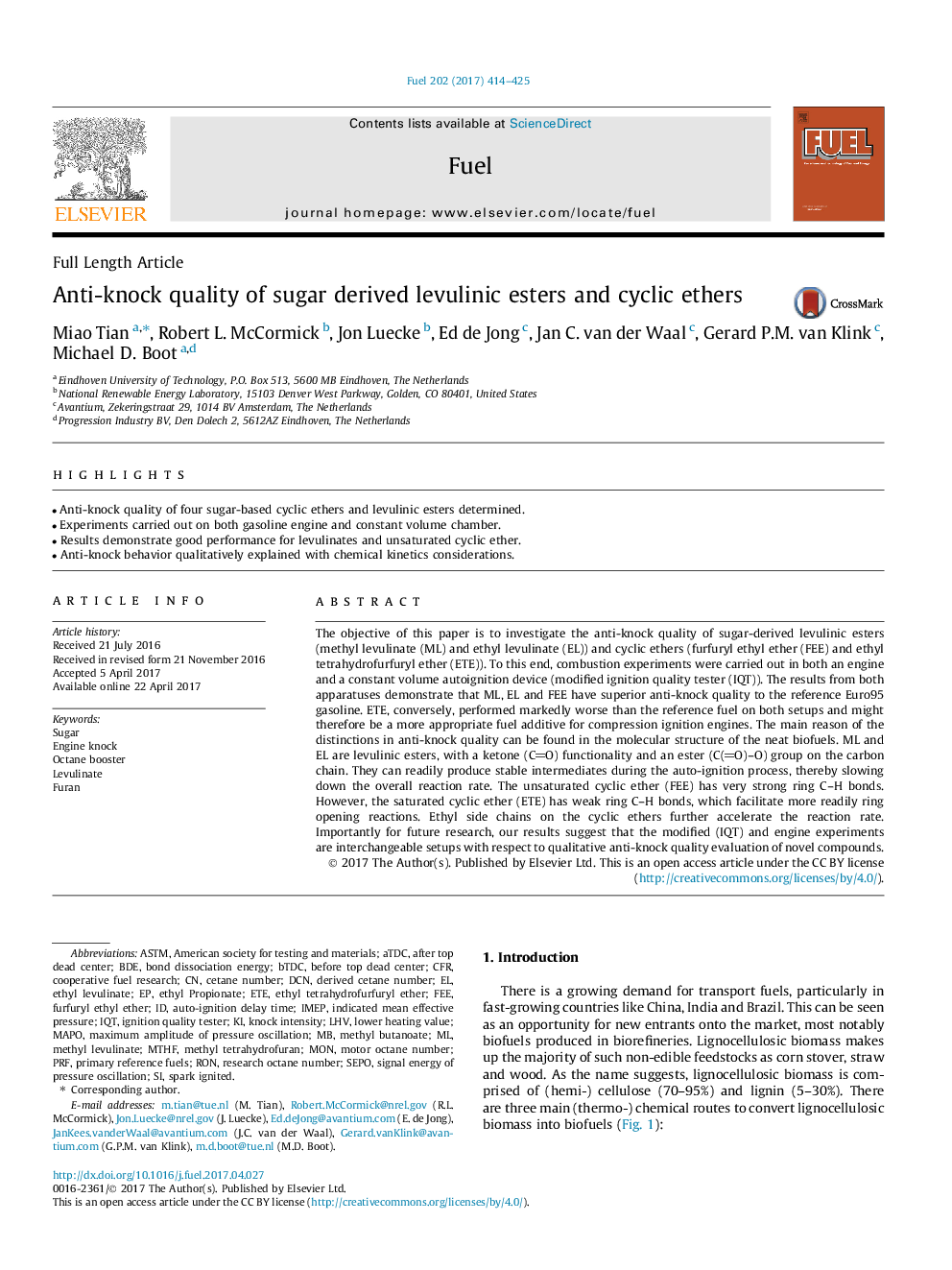 Anti-knock quality of sugar derived levulinic esters and cyclic ethers