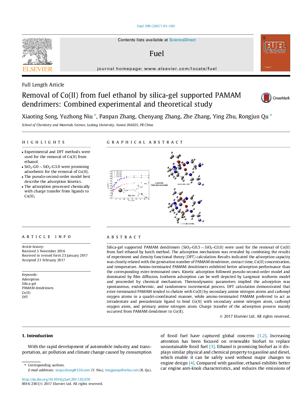 Removal of Co(II) from fuel ethanol by silica-gel supported PAMAM dendrimers: Combined experimental and theoretical study