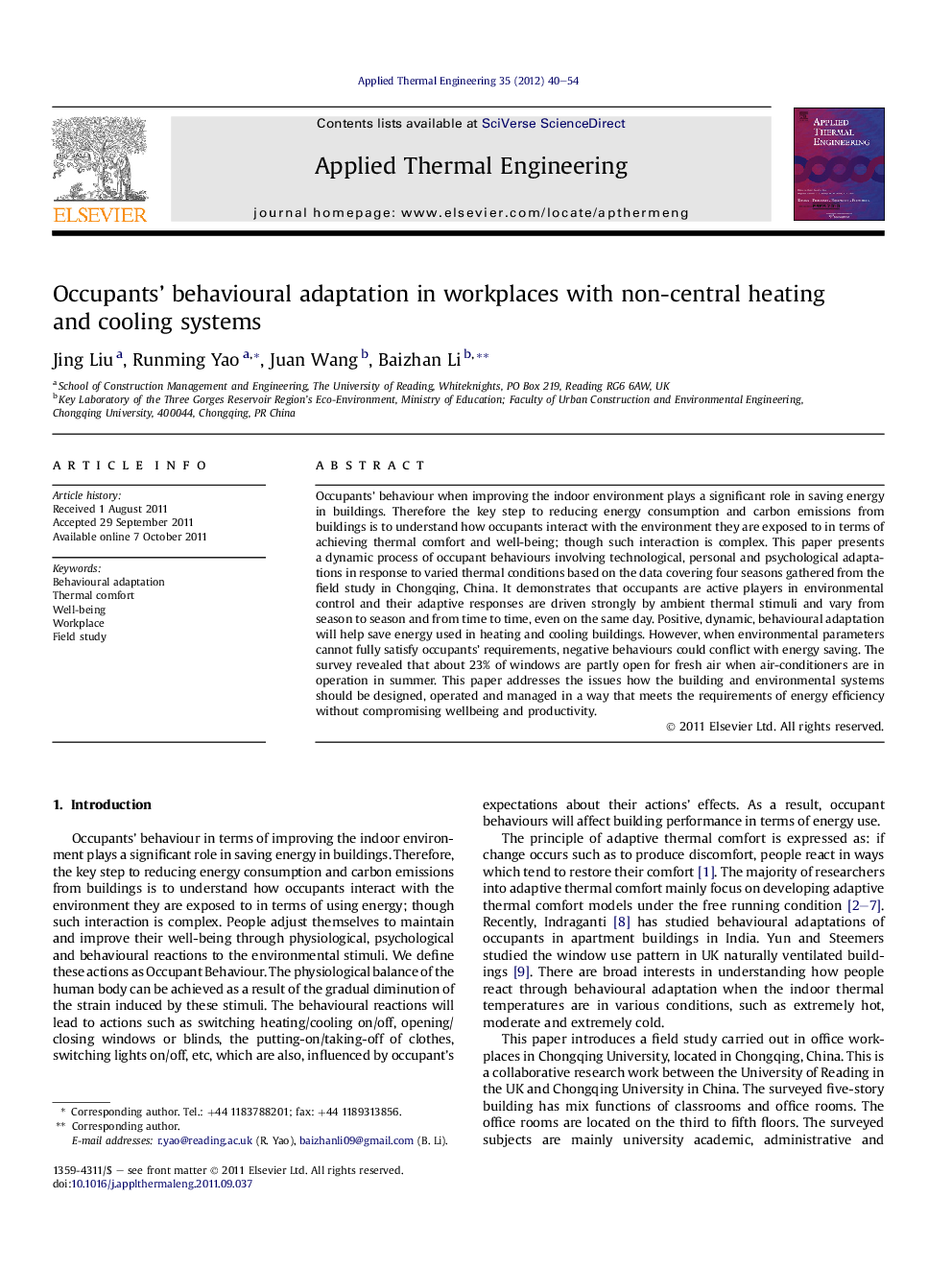 Occupants’ behavioural adaptation in workplaces with non-central heating and cooling systems