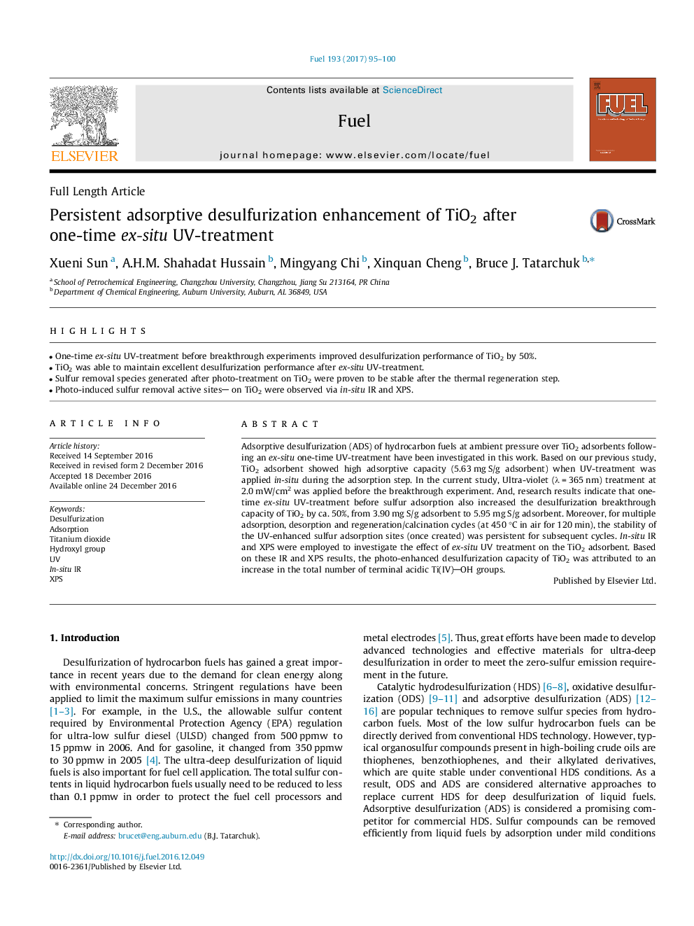 عکس صفحه اول مقاله: Persistent adsorptive desulfurization enhancement of TiO2 after one-time ex-situ UV-treatment Persistent adsorptive desulfurization enhancement of TiO2 after one-time ex-situ UV-treatment