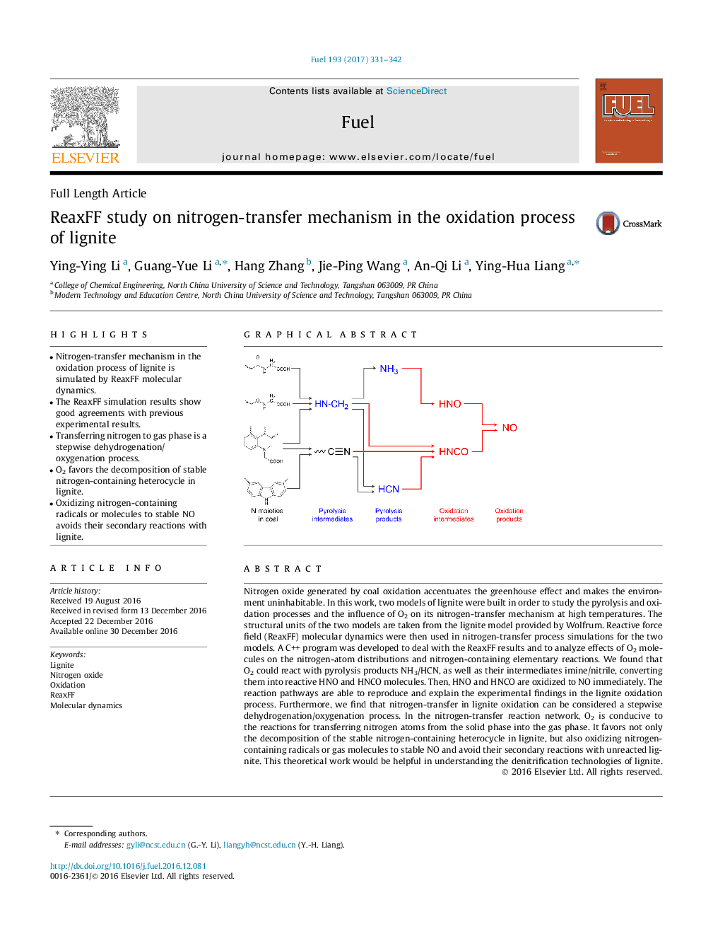 ReaxFF study on nitrogen-transfer mechanism in the oxidation process of lignite