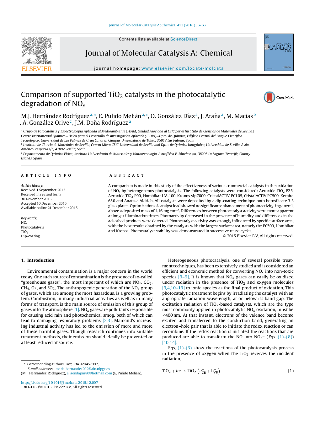 Comparison of supported TiO2 catalysts in the photocatalytic degradation of NOx