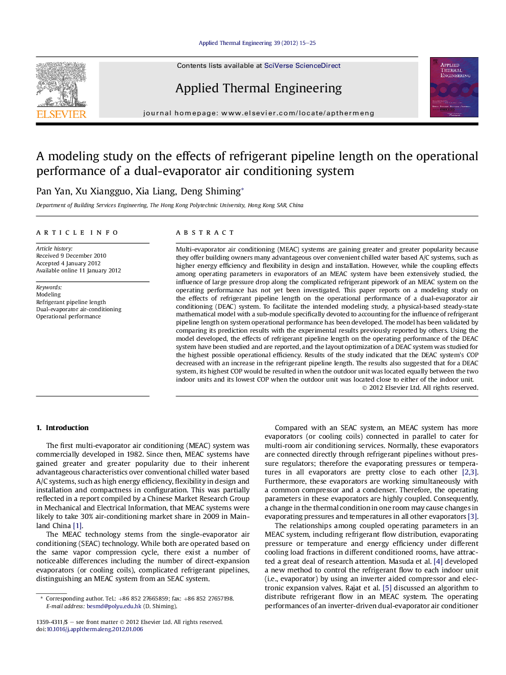 A modeling study on the effects of refrigerant pipeline length on the operational performance of a dual-evaporator air conditioning system