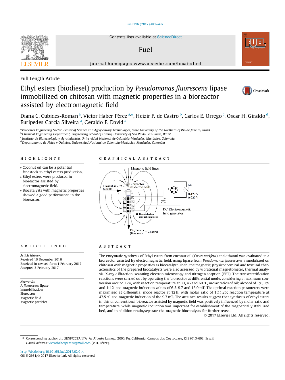 Ethyl esters (biodiesel) production by Pseudomonas fluorescens lipase immobilized on chitosan with magnetic properties in a bioreactor assisted by electromagnetic field